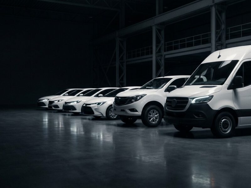 White vans, pickups and sedans lined up in a dark warehouse